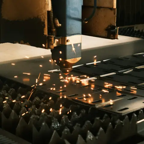 Corte láser CNC sobre plancha de acero, con proyección de chispas